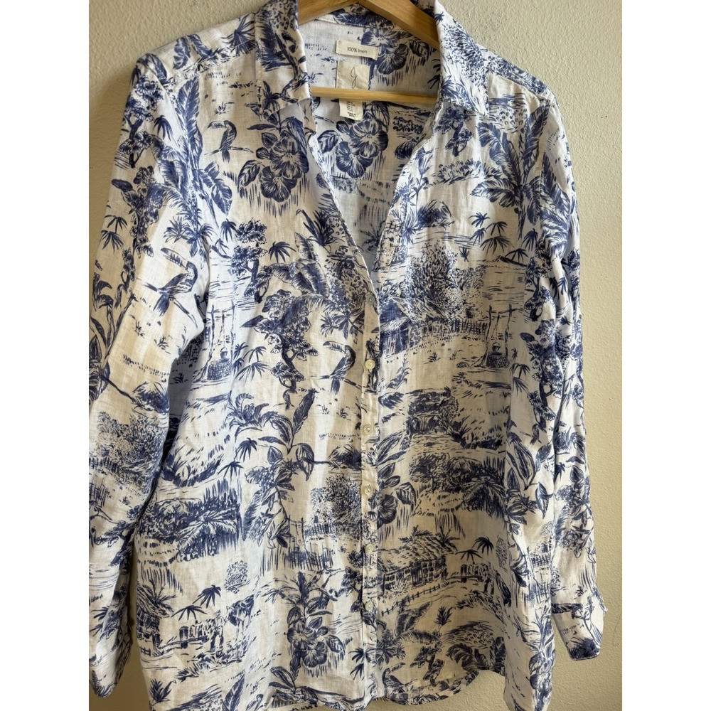 Joie Women Large 100% Linen Button Down Shirt Blue White Tropical Toile Blouse L